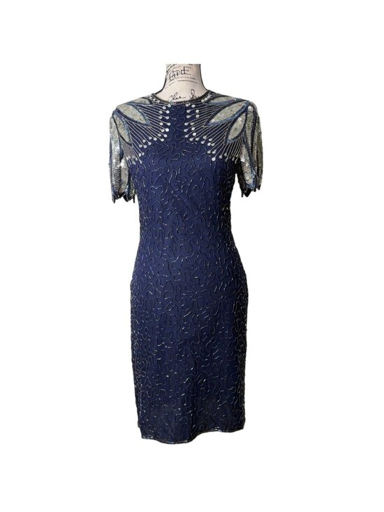 Laurence Kazar Dresses & Skirts - Vtg Laurence Kazar Women Size S Beaded Sequin Cocktail Dress Navy Blue Silk 80s